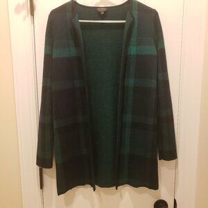 Talbots‎ Long Plaid 100% Merino Wool Cardigan Navy and Green Size Small